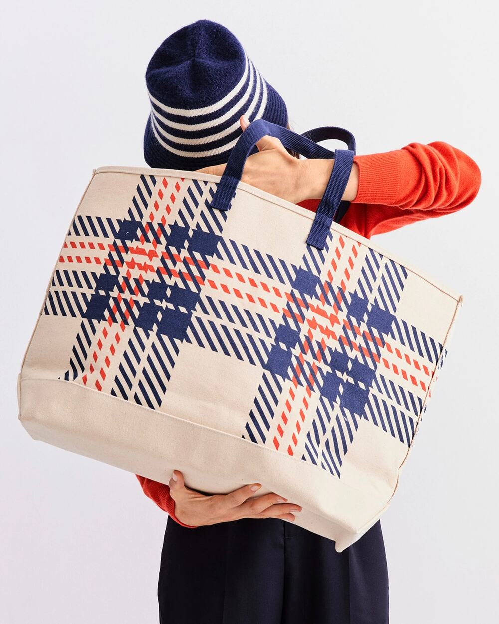KULE Plaid Canvas Shoulder Tote Natural Navy Red Over Shoulder Carryall Bag
